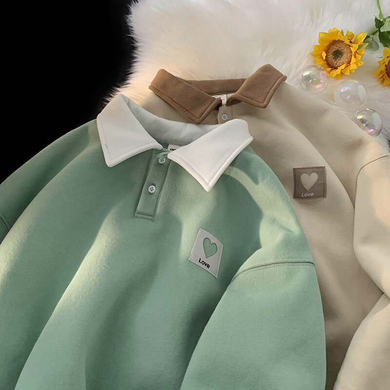 Толстовка Женская с воротником-поло, плотный теплый свитшот с сердечком, винтажный худи, повседневный Топ оверсайз с длинным рукавом, на осень