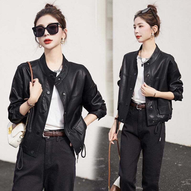 Leather jacket for women's spring new 2024 slimming temperament small stature short sheep leather jacket short top