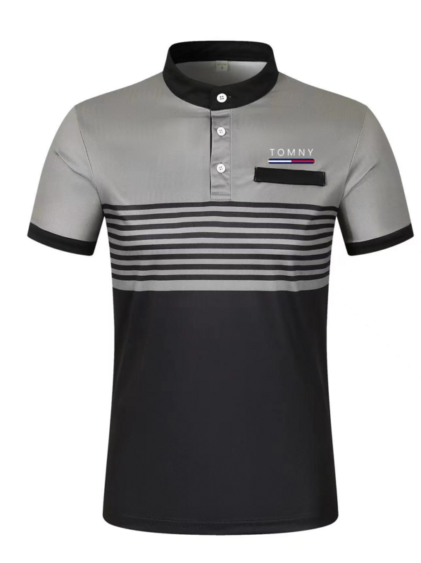 Camisa polo listrada europeia e americana masculina, camisa de negócios de manga curta, camiseta grande, golfe, venda quente