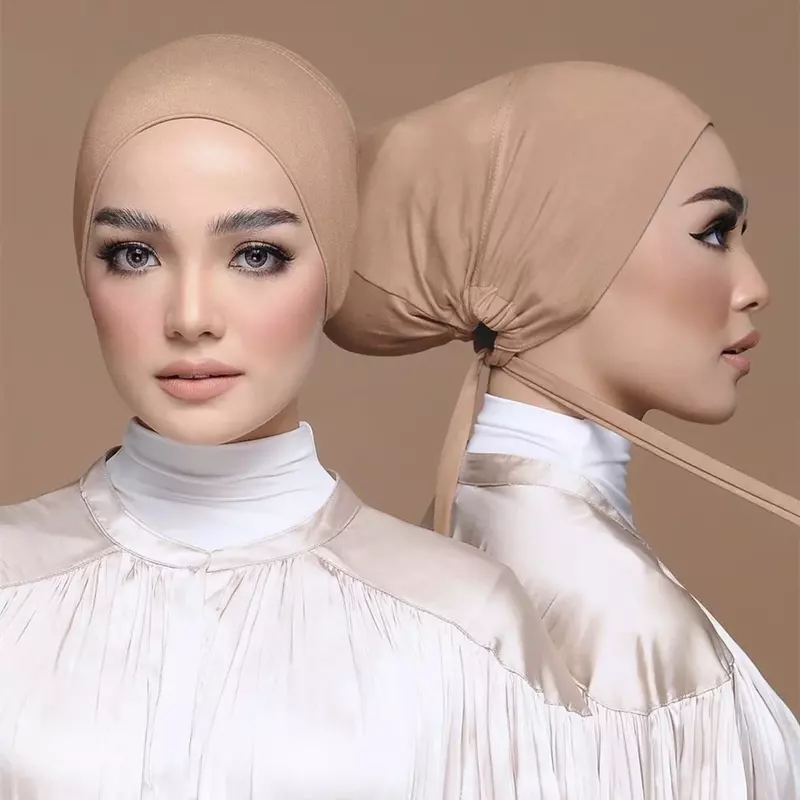 Phụ Nữ Hồi Giáo Underscarf Hijab Nắp Thắt Dây Sau Lưng Hijab Viên Có Dây Áo Đính Nơ-Lưng Hijab Bonnet Hồi Giáo mujer