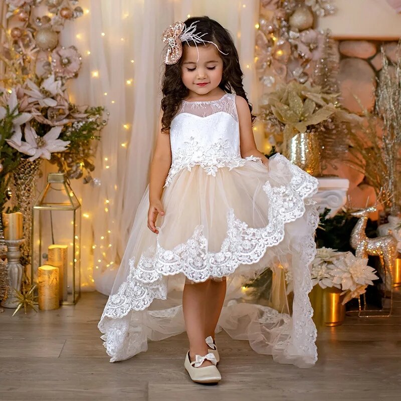 Koronkowa aplikacja dziewczęca sukienka w kwiaty tiulowa sukienka na przyjęcie bożonarodzeniowe ślubna bez rękawów dla dzieci krótkie pierwsza sukienka komunijna księżniczki