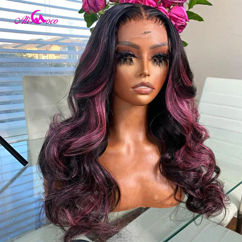 Alicoco-Peluca de cabello humano ondulado para mujeres negras, postizo de encaje frontal transparente, prearrancado, color rosa, 13x4