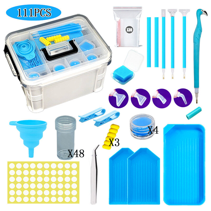 New 111pcs Diamond Painting Tool Storage Box 48 Grids Round Bottles Elbow Pen Heads Point Drill Pen Clay Funnel Drill Plate Set