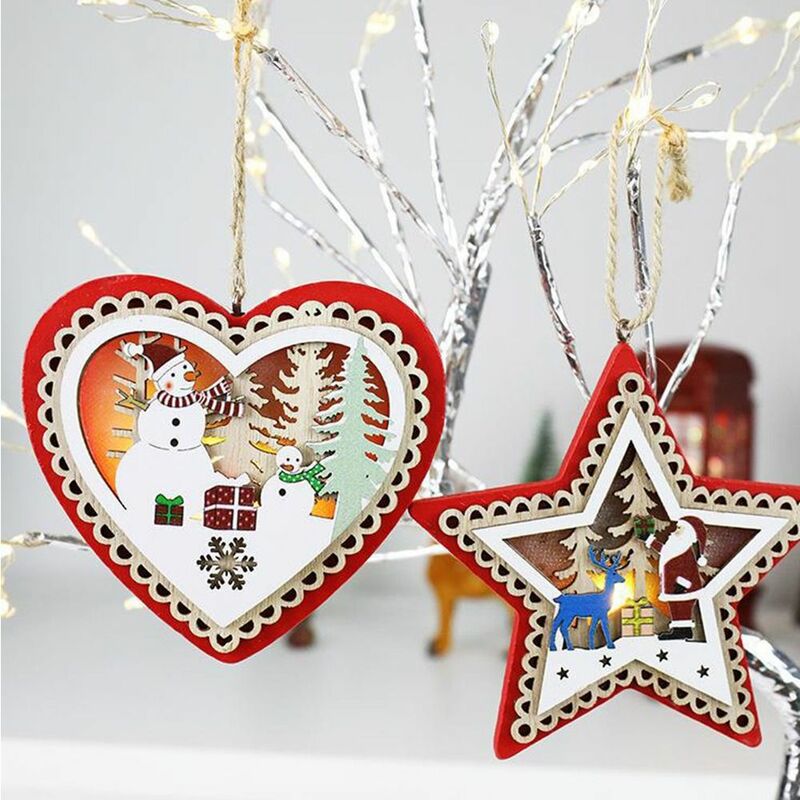 Pingentes luminosos de madeira para o Natal, pendurado Hole Design, Luz LED, pentagrama, alces, artesanato