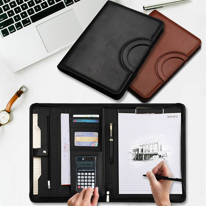 Free Custom letters A4 Business File Folder Portfolio Pu Leather Briefcase With Calculator Notebooks Office Document Organizer