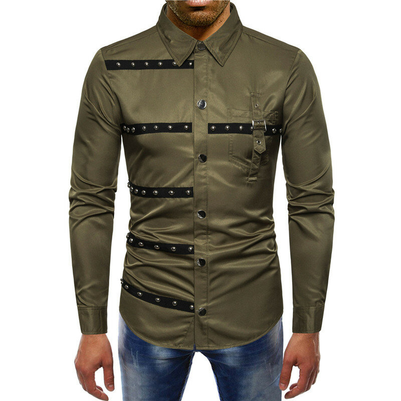 New Mens Button Up Shirt Vintage Rivet Stripe Lapel Collared  Long Sleeve Slim Shirts Streetwear Man Gothic Evening Dress Shirt