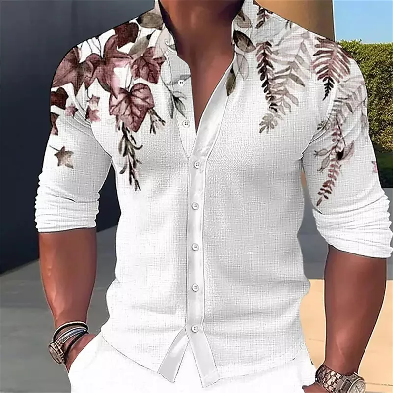 Camisa de manga larga con cuello levantado para hombre, camisa con botones, estampado de hojas verdes, informal, suave y cómoda, talla grande, 2024