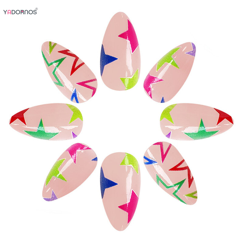 Almond Press on Nails Colorful Five-pointed Star Design Fake Nails Nude Color Wearable False Nails Tips for Y2K Girls Nail Art