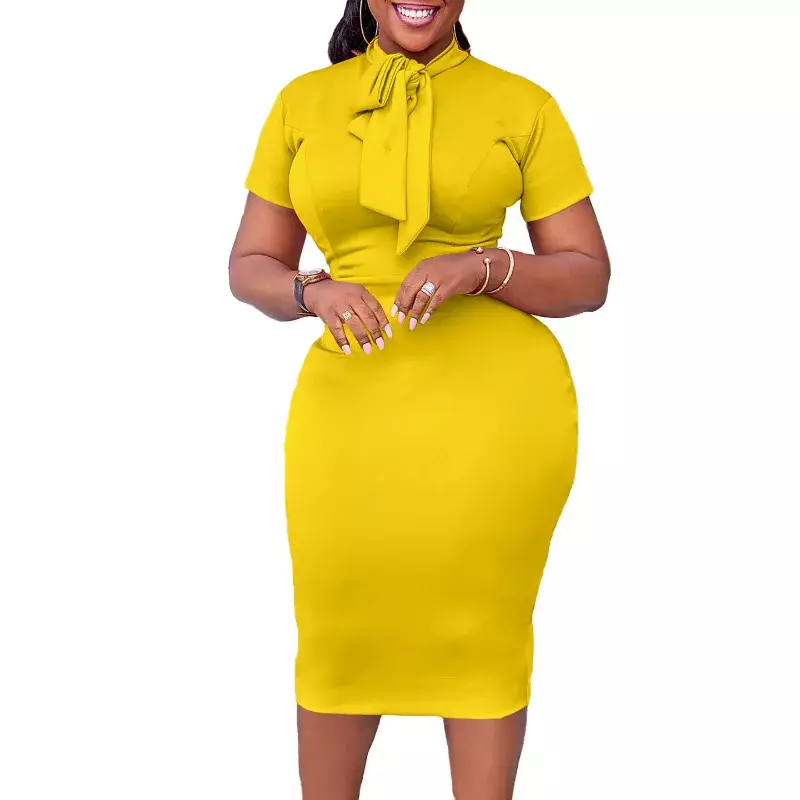 Gaun kantor elegan untuk wanita 2024 gaun bisnis motif polkadot pinggang tinggi lengan pendek setengah betis mode pakaian kerja gaun kain OL