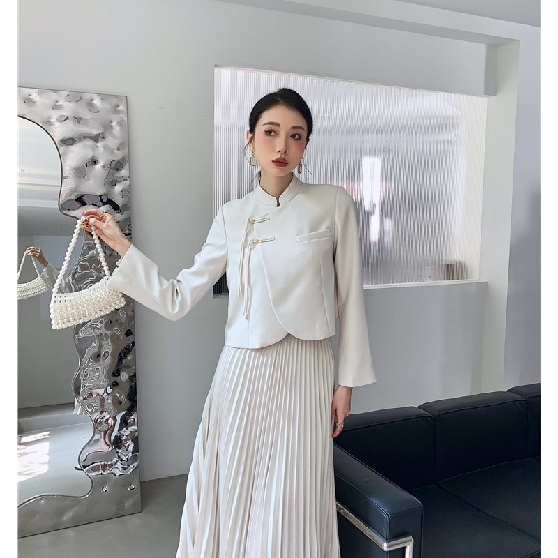 여성용 긴팔 하프 오픈 칼라 상의, 루즈한 플리츠 스커트 투피스, 디자인 느낌, 중국 스타일 빈티지 스타일, 신상