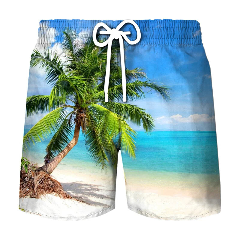 ต้นมะพร้าวกราฟิกกระดานโต้คลื่นกางเกงขาสั้นผู้ชายพิมพ์ลาย3D กางเกงขาสั้นชายหาดกางเกงชายหาดฮาวาย