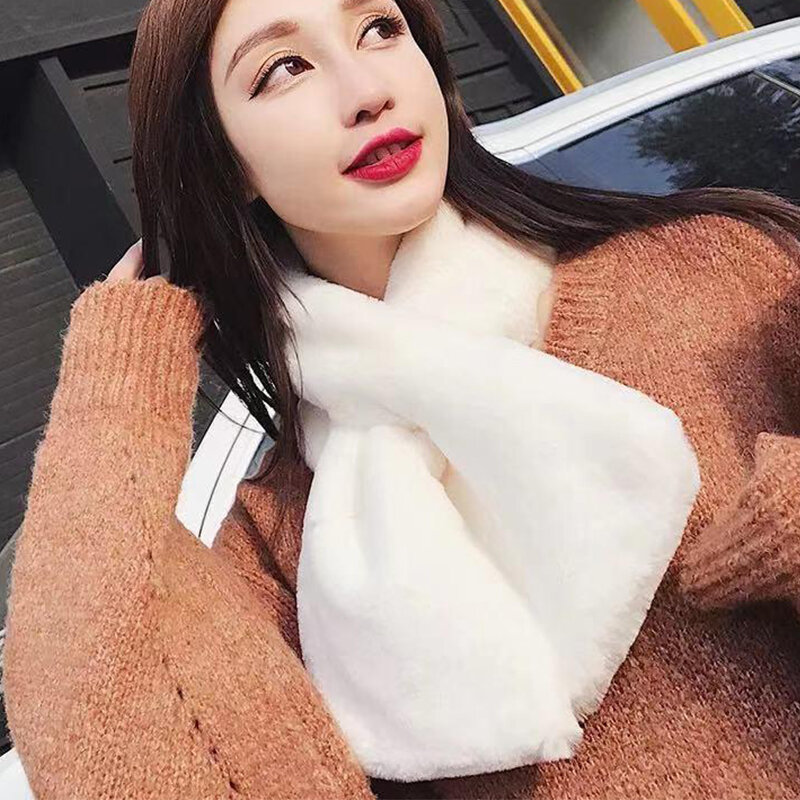 FAITOLAGI w koreańskim stylu na zimę szalik ze sztucznego futra królika miękki pluszowy chusty w jednolitym kolorze kołnierz ortopedyczny cieplejsze rzeczy prezent na Boże Narodzenie