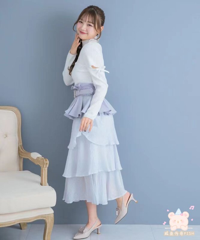 Женская многослойная Асимметричная юбка в стиле «лолита», элегантная длинная юбка с декоративным поясом, лето 2024