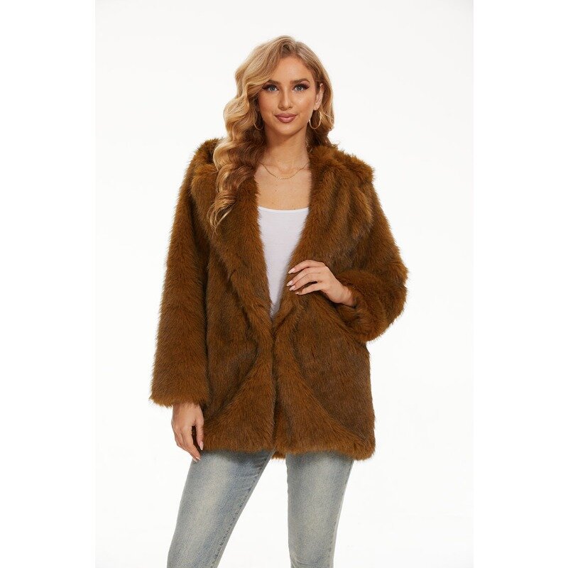 Mantel bulu imitasi wanita, atasan hangat gaya Eropa dan Amerika musim gugur dan musim dingin mode baru mantel bertudung panjang sedang