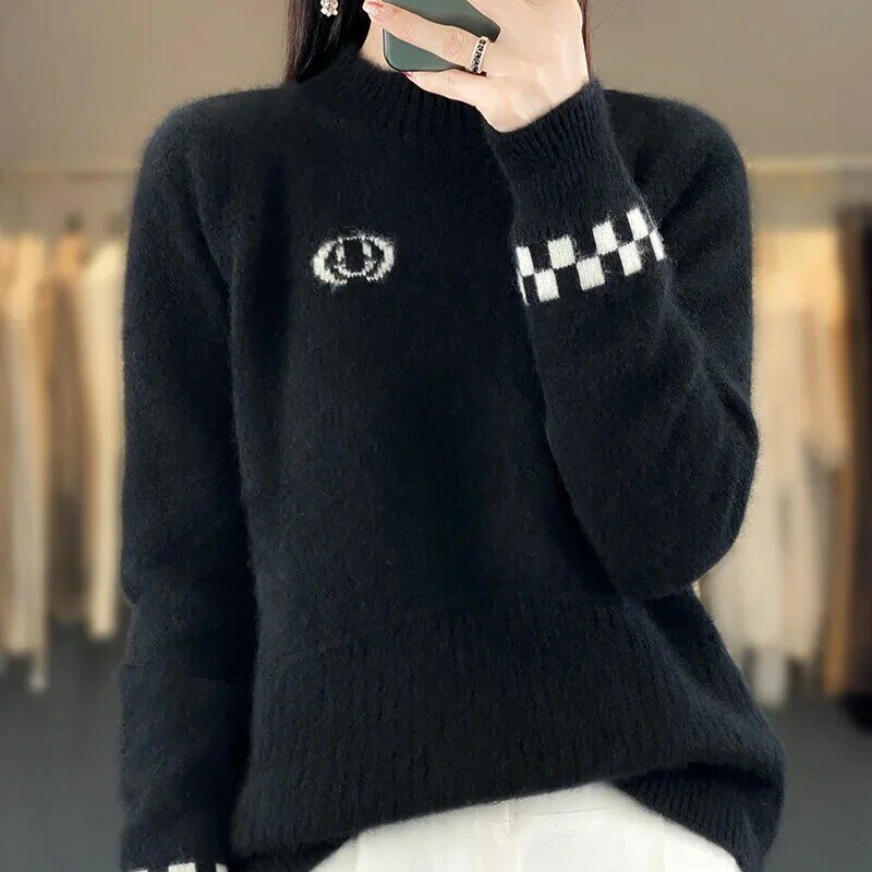 Pulôver feminino de manga comprida com gola alta, suéter básico tricotar, 100% lã merino, top coreano de alta qualidade, outono
