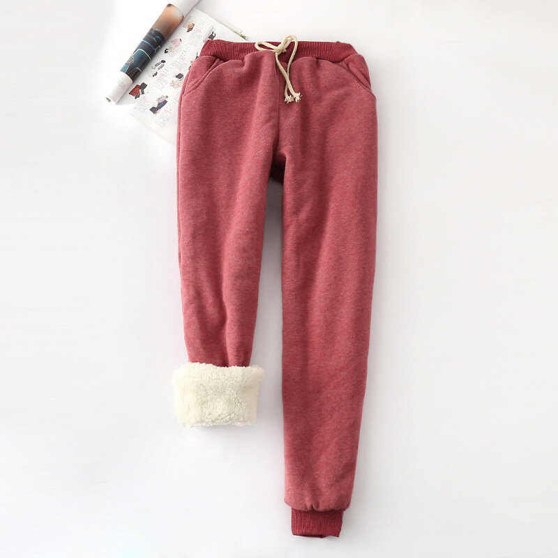 Zimowa skóra jagnięca grubsza spodnie z elastyczną gumką w pasie luźna solidna kolorowa bawełniana spodnie haremowe damskie ciepłe spodnie na co dzień