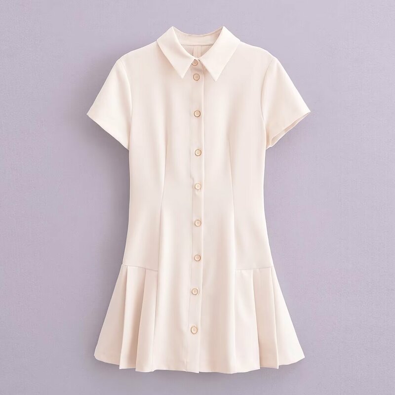 Women's 2024 New Fashion Shirt Style Slim Fit Wide pleated Mini Dress Retro Short sleeved Button up Women's Dress Mujer