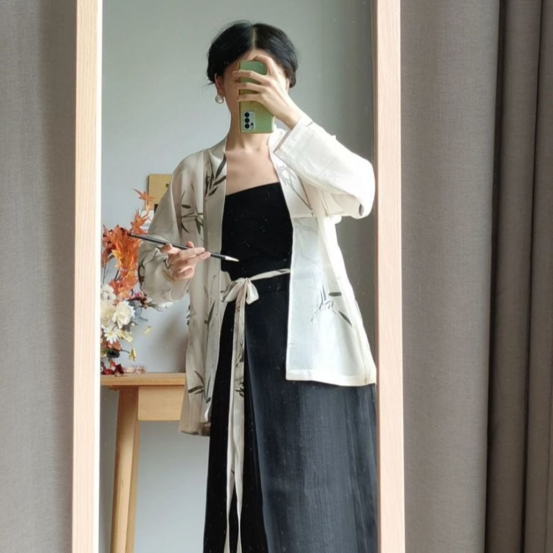 Summer Chinese Traditional Hanfu Dress 3pcs Improved Modern Style Bamboo Printed Cardigan Tube Top Black Horse-face Skirt Female