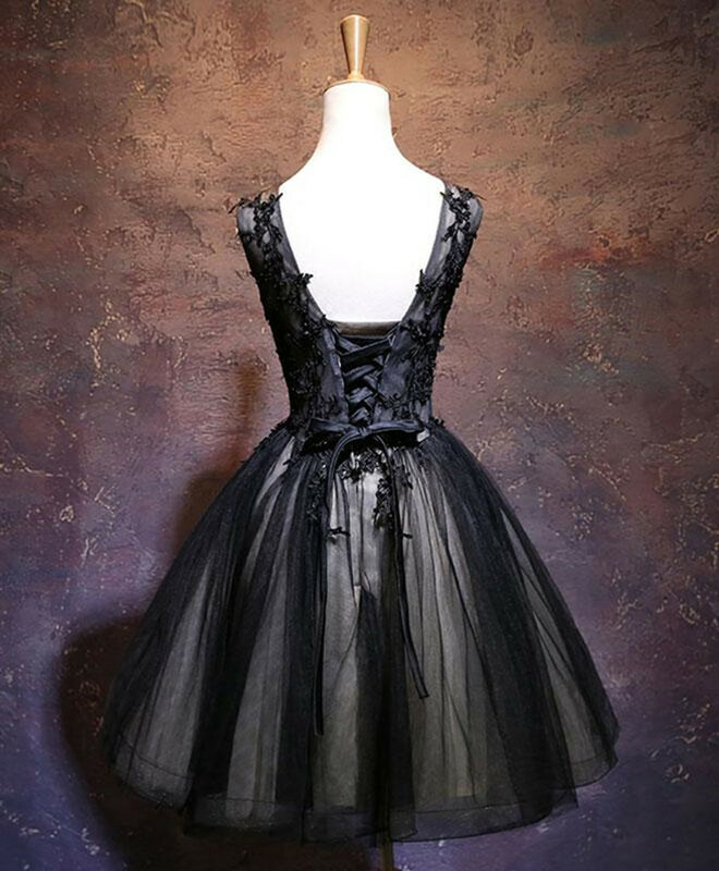 Sem mangas Tulle Lace Applique Beading Prom Gown, preto e champanhe, Decote V curto, vestido de festa, feito à mão personalizado