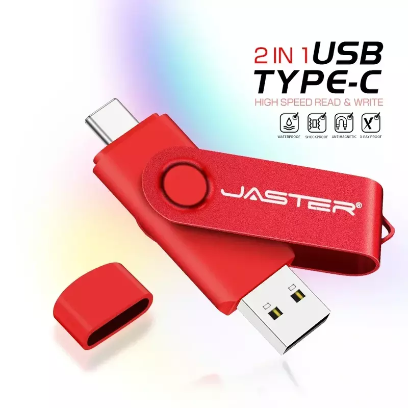 JASTER-Pendrive USB 2.0 Tipo-C à prova d'água, Unidade flash de plástico, Armazenamento externo, Presente do negócio, Chaveiro grátis, Preto, 128GB, 64GB, 32GB