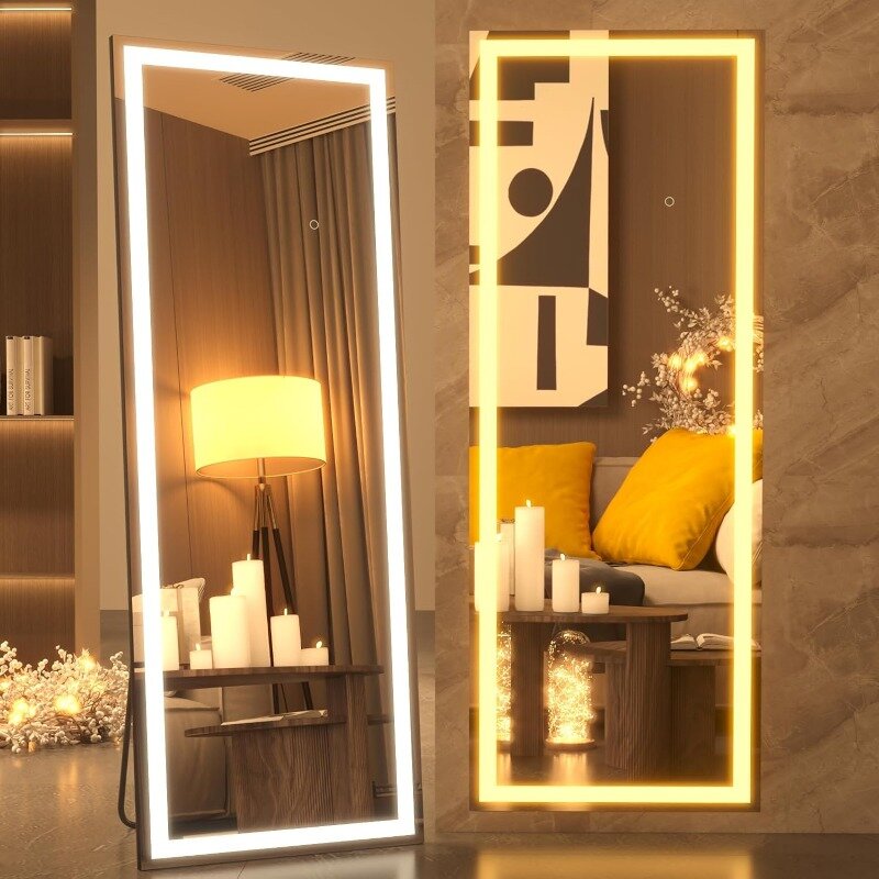 Specchio a figura intera a LED da 67 x24 pollici con luci, specchio da pavimento illuminato con cornice, dimmerabile e 3 modalità di colore specchio da toeletta a LED per tutto il corpo