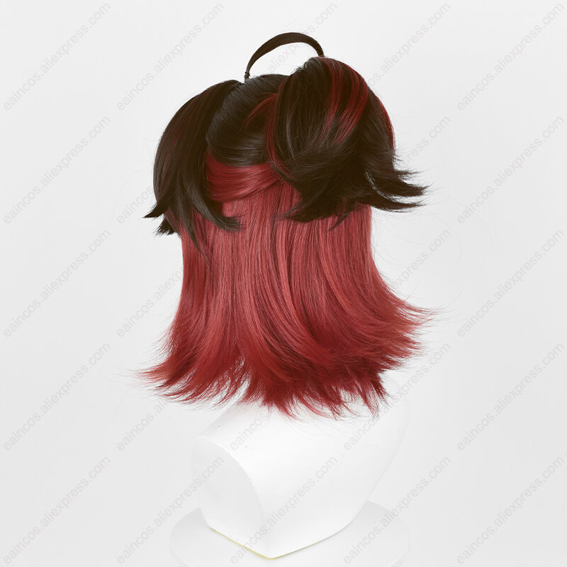 Wig Cosplay Game 35cm, rambut sintetis tahan panas wig ekor kuda merah campuran coklat pendek