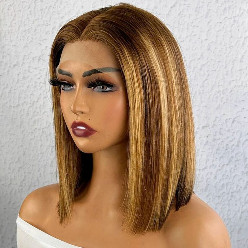 Peruca de cabelo Remy peruana Bob curto para mulheres, cabelo humano Ombre, perucas louras da frente do laço, destaque, P4, 27, 13x6x1