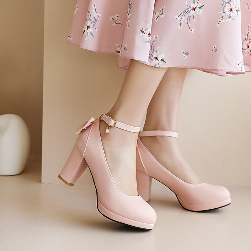 Dziewczęce buty na wysokim obcasie Mary Janes Lolita kobiece pantofle na platformie buty moda Bowknot wesele księżniczka buty różowy rozmiar 31-43