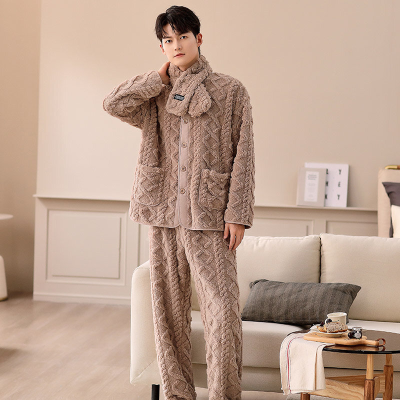 Men's Winter V-Neck Cardigan Pajamas Set Solid Sleepwear Coral Fleece Homewear Thick Warm Plush Velvet Male Suit Fall Sweatshirt