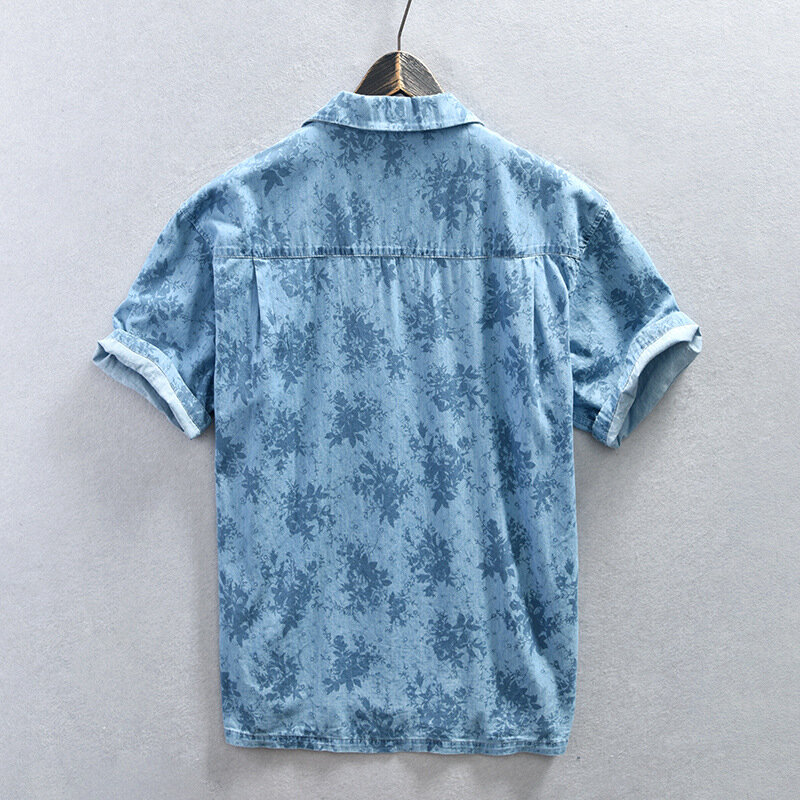 قميص أزرق من الجينز قابل للتنفس للرجال ، بأكمام قصيرة ، زر حتى ، بلوزات شاطئ كاوبوي مع جيب ، ياقة بدوره إلى أسفل ، ملابس صيفية