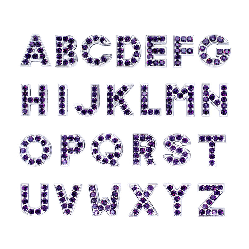Dijes de letras deslizantes de cristal púrpura de 8mm para mujer, fabricación de pulseras, joyería de A-Z, pulsera DIY, Collar de mascotas, accesorios para llavero, 1 ud.