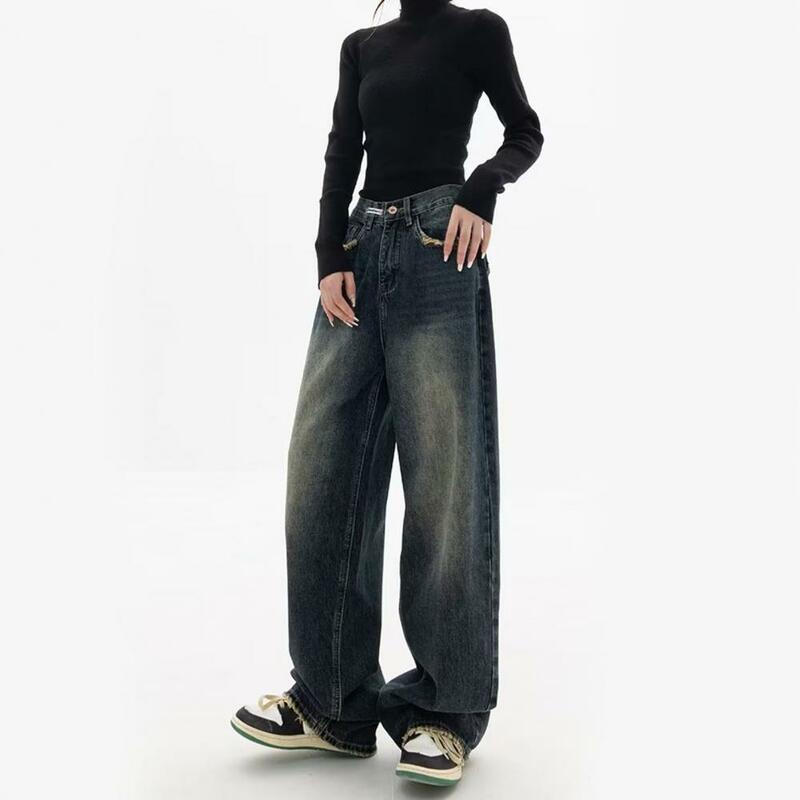 Джинсы женские винтажные с завышенной талией, свободные прямые брюки из денима с широкими штанинами, с глубоким шаговым швом и карманами, в пол
