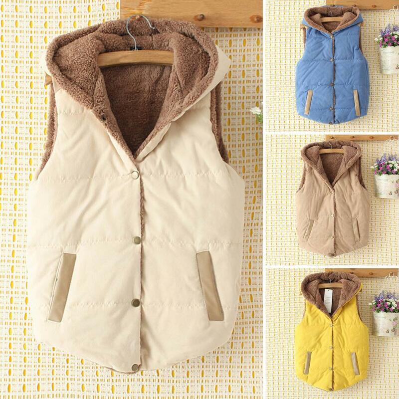 VOLALO Winter Cashmere Vest Women Hooded Thick Sleeveless Jacket Casual Loose Padde Vest Solid Warm Waistcoat With Pocket