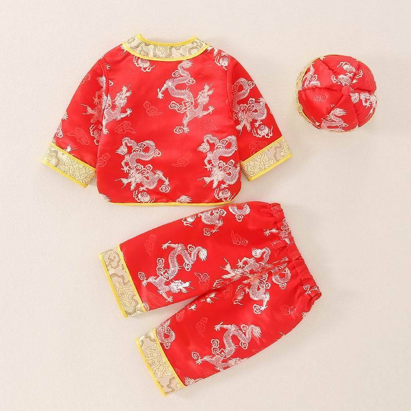 Terno chinês tradicional para bebê recém-nascido, tops, calças e chapéu, roupa vermelha para crianças, roupas para meninas e meninos, presente de aniversário, trajes de ano novo