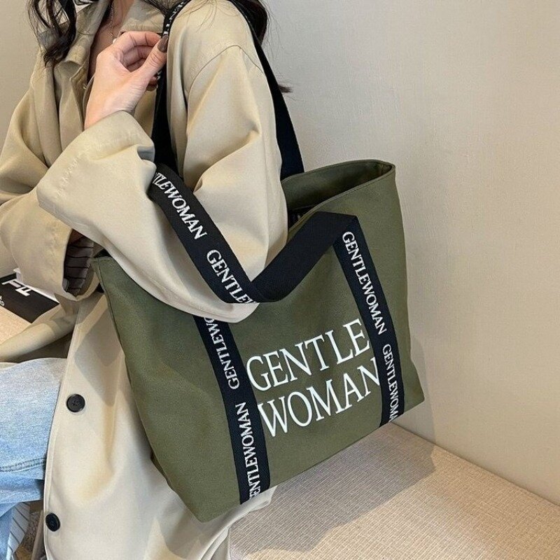 Fashion Women's Solid Color Canvas Shopping Bag Tote Handbag with Letters Pattern Canvas Bag