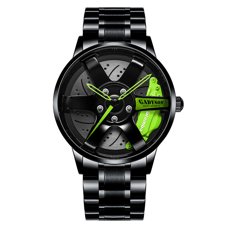 Новинка 2024, модные мужские часы с колесом, Черные Водонепроницаемые мужские кварцевые часы в стиле колес со стальной полосой