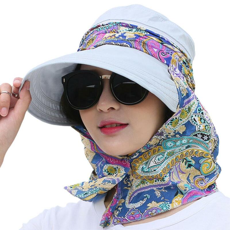 Chapeau anti-UV pliable à la mode pour l'équitation en plein air, couvre-visage, casquettes de plage, écran, imprimé floral à large bord, cou, E7p3