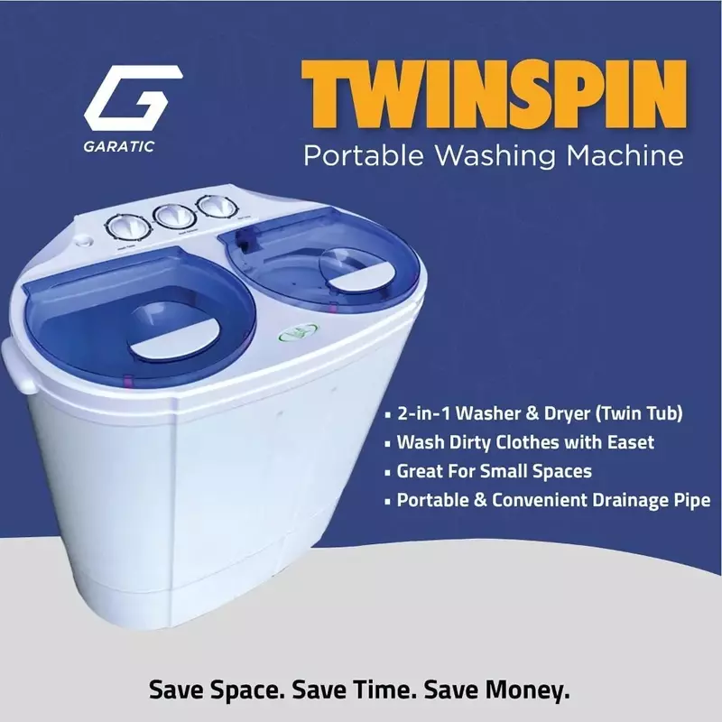 Garatic mesin cuci Mini portabel, mesin cuci Mini bak ganda dengan sepeda cuci dan putar, pembuangan gravitasi bawaan, kapasitas 13lbs untuk berkemah