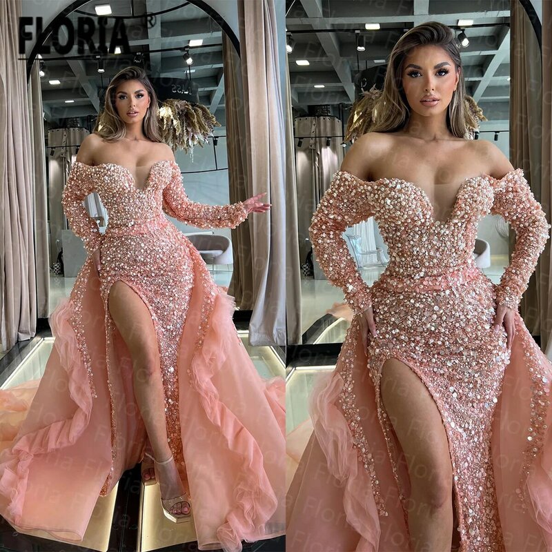 Vestidos De Noche Dubai Pearls Beaded Evening Wedding Dress with Overskirt Long Sleeves Slit Formal Party Gown Arabic Woman Robe