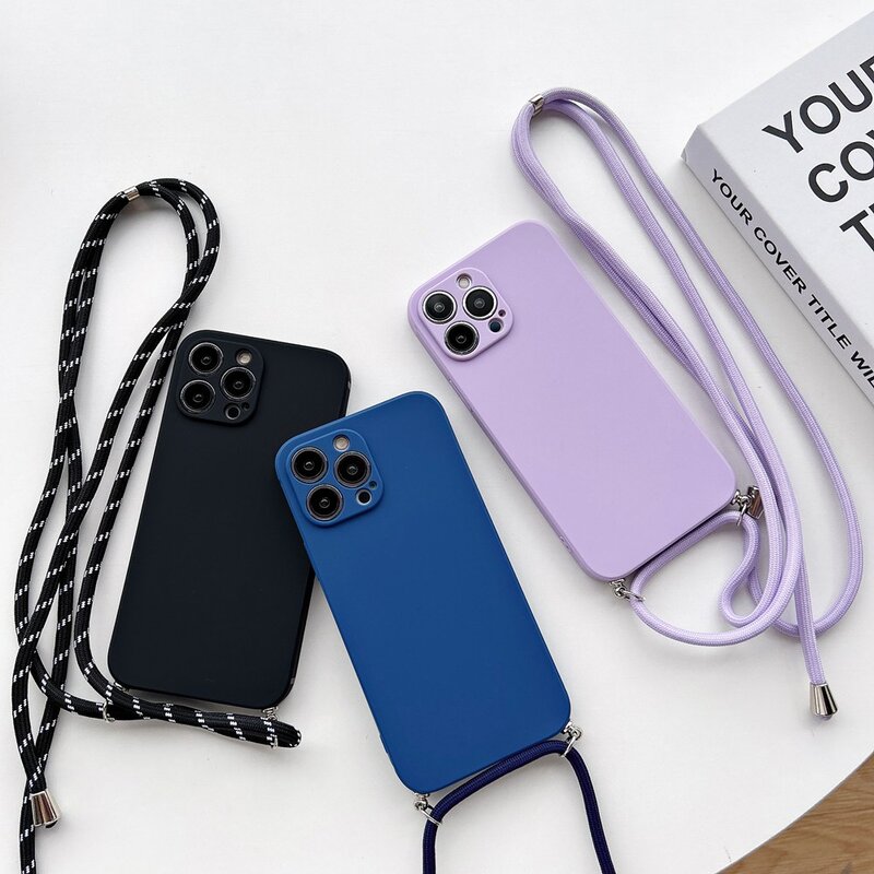 Simple Crossbody Lanyard Silicone Case For iPhone 15 11 12 13 14 Pro Max XR X XS 7 8 Plus Cord Rope Necklace Strap Soft Cover