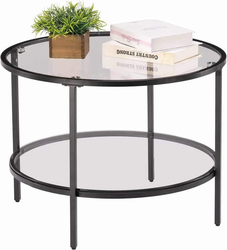 Tables basses rondes noires pour salon, table basse à 2 niveaux en verre avec rangement pour café transparent