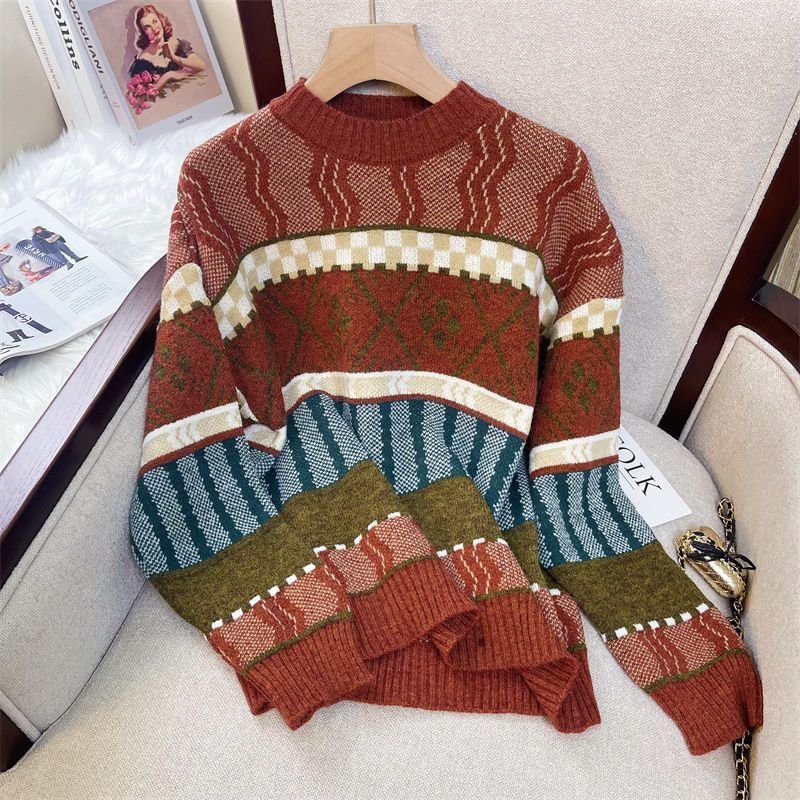여성 라운드넥 패널 니트 긴팔 루즈핏 스웨터, 분위기 있는 통근자, 레트로 패션, 2023 가을 겨울 신상