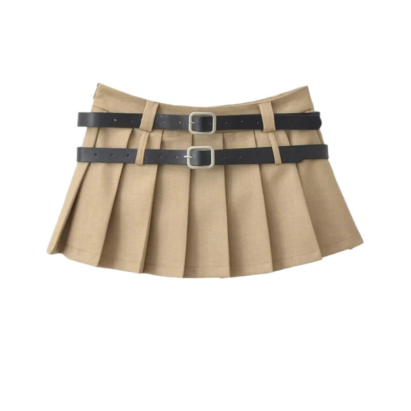 Мини-юбка Y2K, женская модная плиссированная юбка в Корейском стиле, летняя повседневная однотонная винтажная короткая юбка в стиле преппи с двумя ремнями, 2023