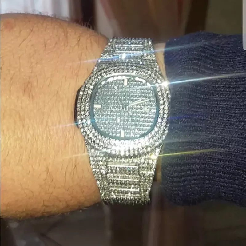 Hip Hop kwarcowy zegarek dla mężczyzn Bling diament kobiet zegarki kobiet srebrny Tone pasek stalowy Relogio Masculino panie prezent 2019
