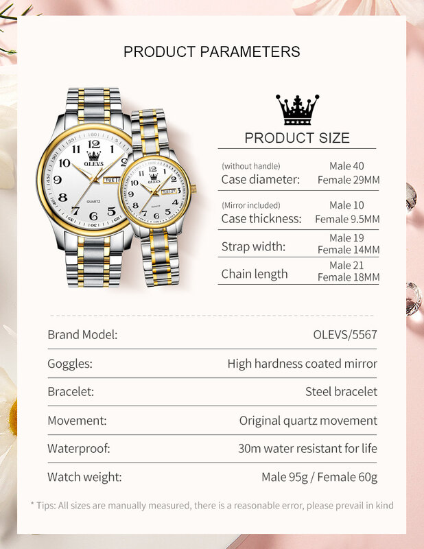 OLEVS-Conjunto de reloj de acero inoxidable para parejas, reloj de pulsera luminoso, resistente al agua, con fecha de semana, elegante, regalo para amantes
