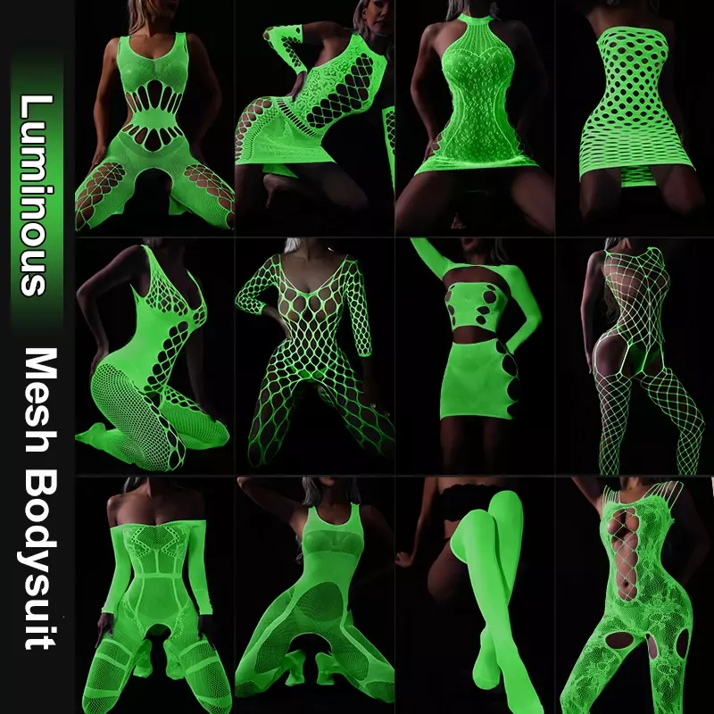 Sexy Lingerie Luminous Body Stocking Fluorescent Mesh Bodysuit Tube Top Jumpsuit Stockings Mesh Clothing Night Club Wear Womens