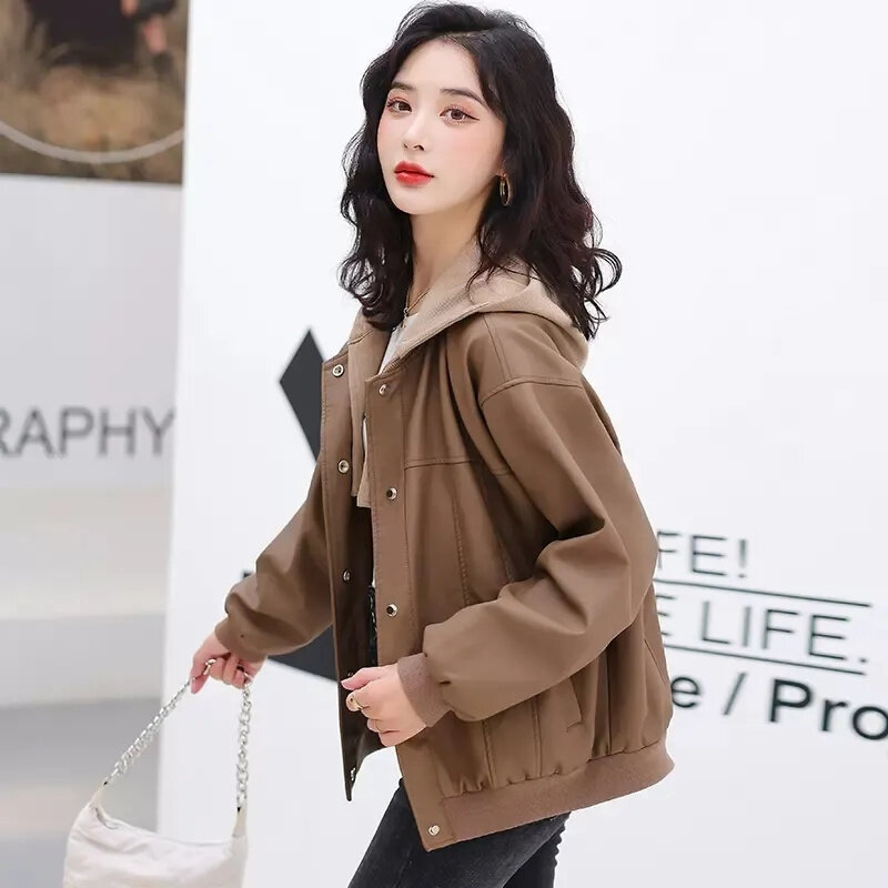 Damski Temperament koreański jednolity kolor skórzana kurtka wiosna kobiet nowy luźny baseballówka w stylu Casual jednolity kurtka ze skóry sztucznej sweter