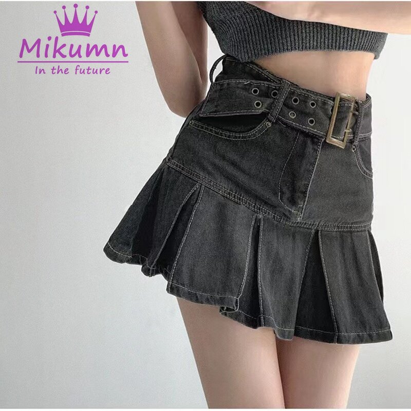 Милая джинсовая юбка в стиле Харадзюку Y2k Kawaii для девушек, Женская плиссированная юбка в студенческом стиле, джинсовая Повседневная мини-юбка А-силуэта с высокой талией, короткие юбки