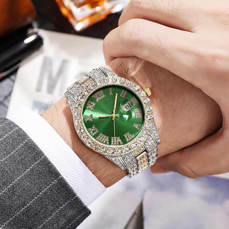 Homens Hip Hop Iced Out Watch, marca de luxo, relógios de diamante, calendário, relógios de pulso de quartzo, relógio masculino, presente para homens