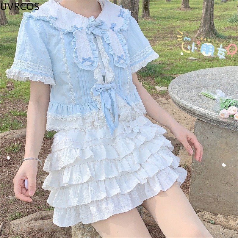 สไตล์ญี่ปุ่น Kawaii Lolita ROK Mini ผู้หญิงโกธิค High เอว Ruffle Tiered กระโปรง Sweet Girly ฤดูร้อน Harajuku Y2k กระโปรงสั้น